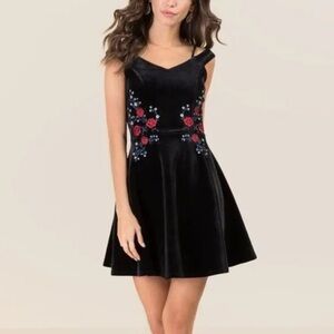 Francesca's Black Velvet Mini Dress with Red Floral Embroidery